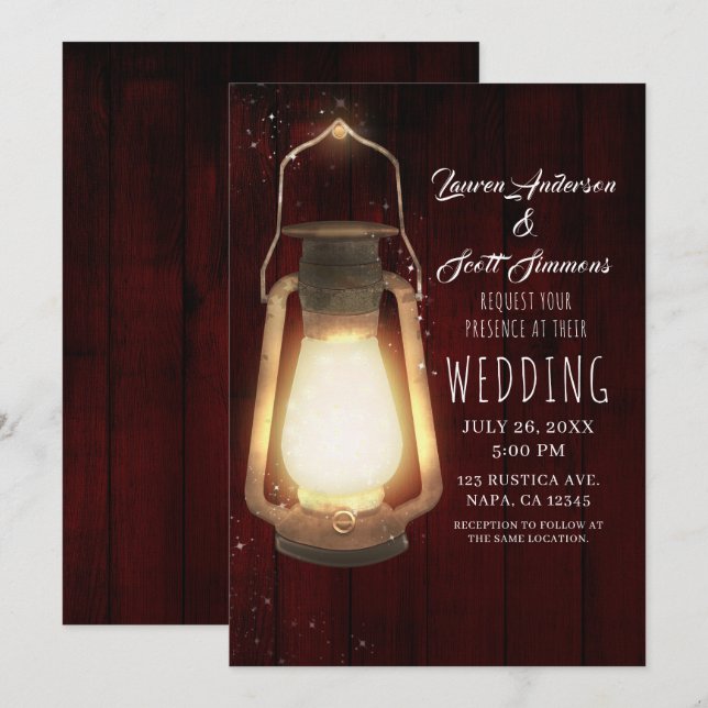 Rustic Lantern Lights Cherry Wood Barn Wedding Invitation (Front/Back)