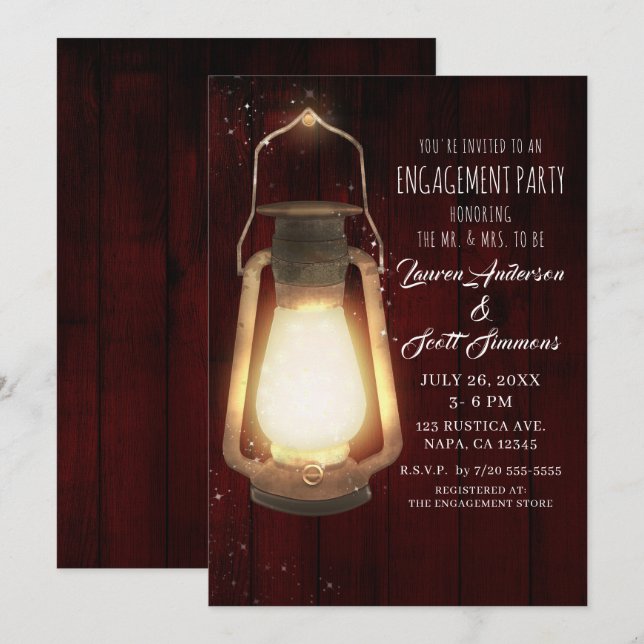 Rustic Lantern Lights Cherry Wood Engagement Party Invitation (Front/Back)