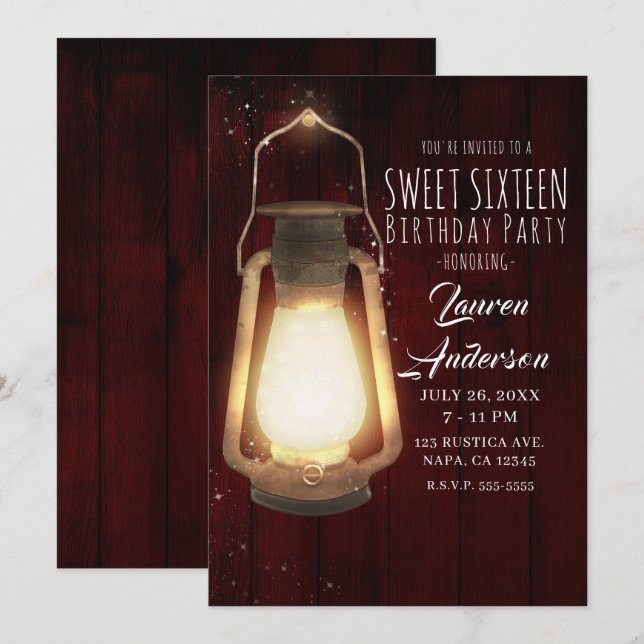 Rustic Lantern Lights Cherry Wood Sweet 16 Party Invitation (Front/Back)