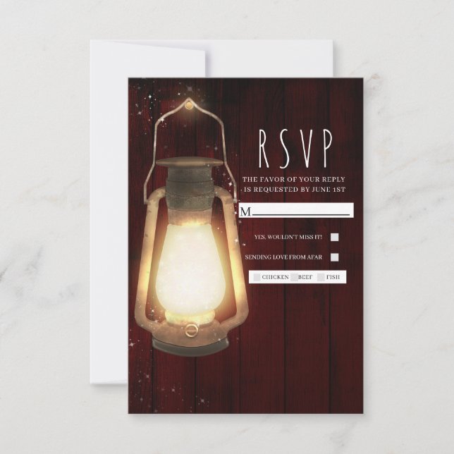 Rustic Lantern Lights Cherry Wood Wedding RSVP Card (Front)