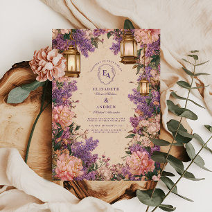 Rustic Lantern Lilac Peony Wedding Invitation