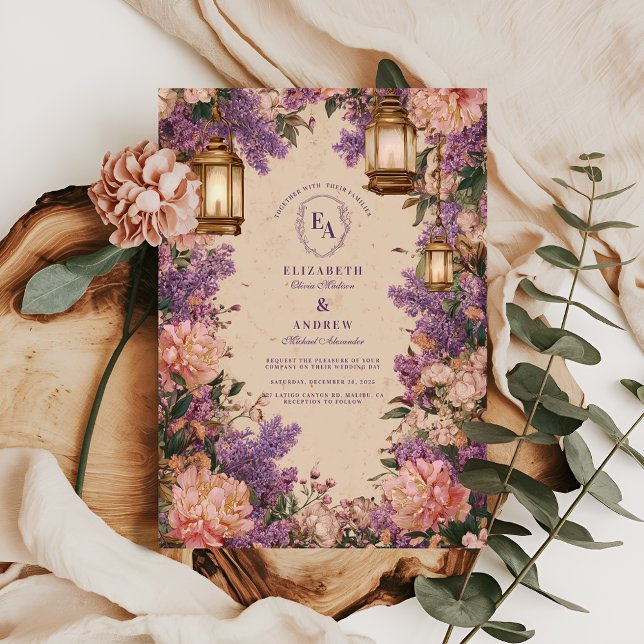 Rustic Lantern Lilac Peony Wedding Invitation (Creator Uploaded)