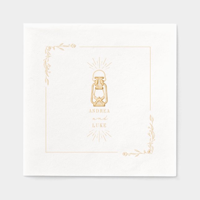 Rustic Lantern Line Art Floral Foil Napkins (Front)
