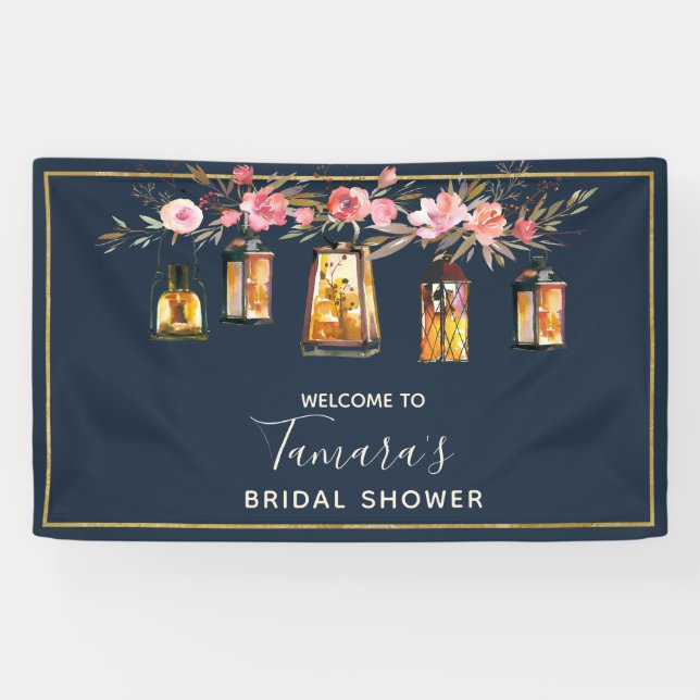 Rustic Lantern Navy and Coral Floral Bridal Shower Banner (Horizontal)