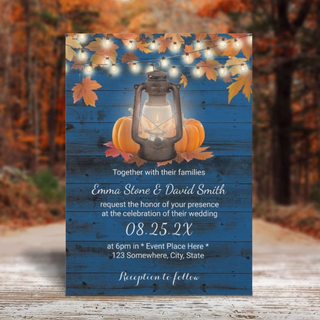 Rustic Lantern & Pumpkins Navy Blue Fall Wedding Invitation (Creator Uploaded)