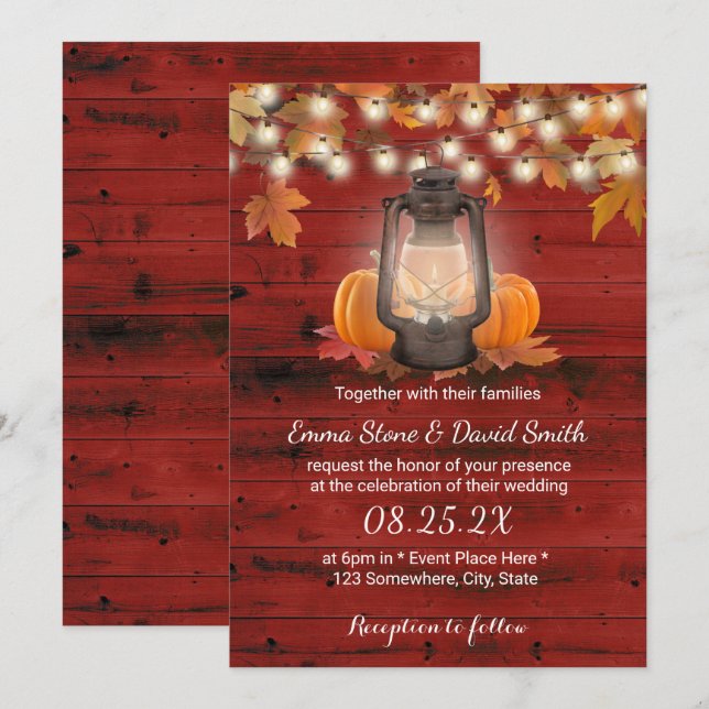 Rustic Lantern & Pumpkins Red Barn Fall Wedding Invitation (Front/Back)