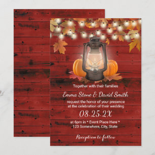 Rustic Lantern & Pumpkins Red Barn Fall Wedding Invitation
