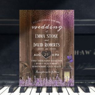Rustic Lantern Purple Lavender Floral Barn Wedding Invitation