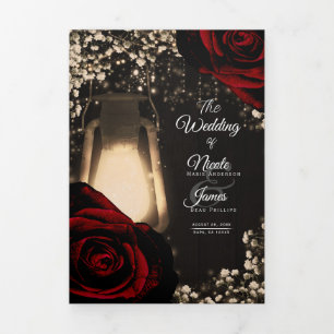 Rustic Lantern  Red Roses Trifold Wedding Program