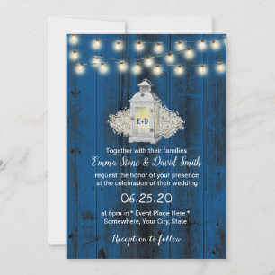 Rustic Lantern & String Lights Blue Barn Wedding Invitation