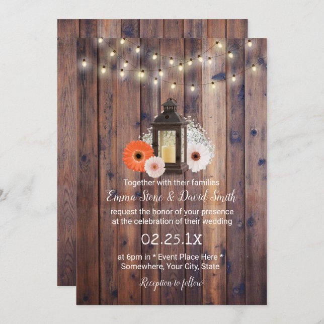 Rustic Lantern String Lights Daisy Floral Wedding Invitation (Front/Back)