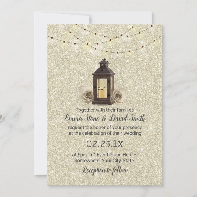 Rustic Lantern & String Lights Modern Wedding Invitation (Front)