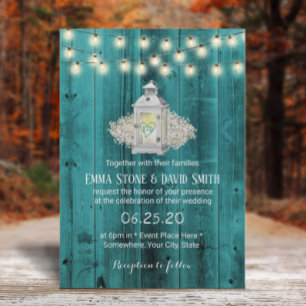 Rustic Lantern & String Lights Teal Barn Wedding Invitation