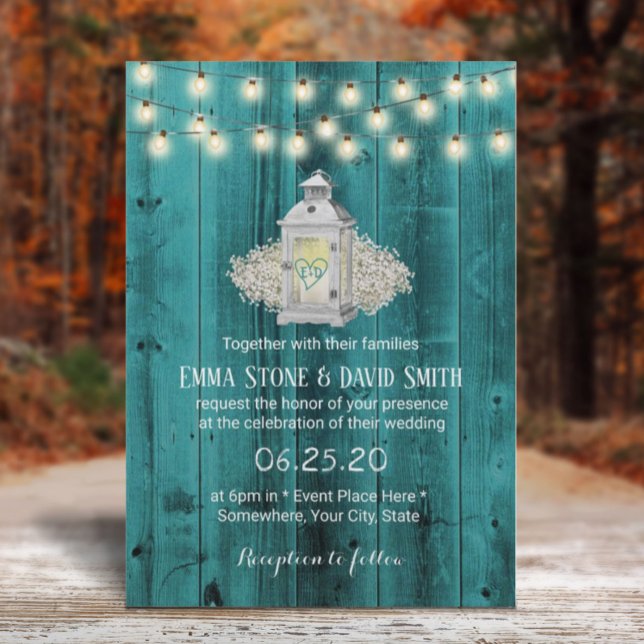 Rustic Lantern & String Lights Teal Barn Wedding Invitation (Creator Uploaded)