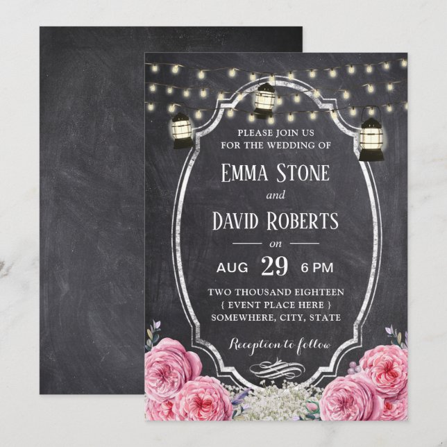 Rustic Lantern Vintage Floral Chalkboard Wedding Invitation (Front/Back)