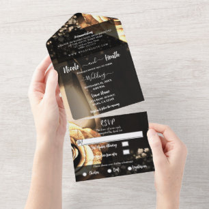 Rustic Lantern & Vintage Gold Roses Wedding + RSVP All In One Invitation