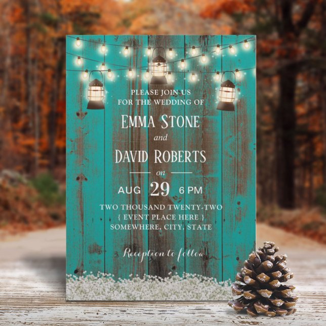 Rustic Lanterns & Baby's Breath Teal Barn Wedding Invitation (Creator Uploaded)
