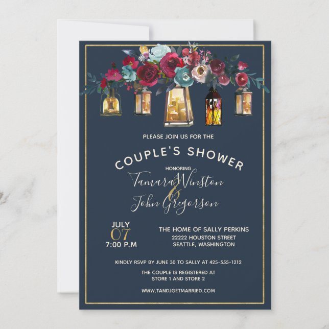 Rustic Lanterns Burgundy Navy Couple's Shower Invitation (Front)