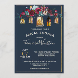 Rustic Lanterns Burgundy Navy Floral Bridal Shower Invitation