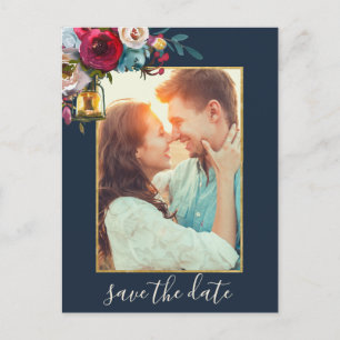 Rustic Lanterns Burgundy Navy Photo Save the Date Announcement Postcard