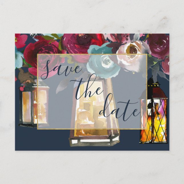 Rustic Lanterns Burgundy Navy Save the Date Announcement Postcard (Front)
