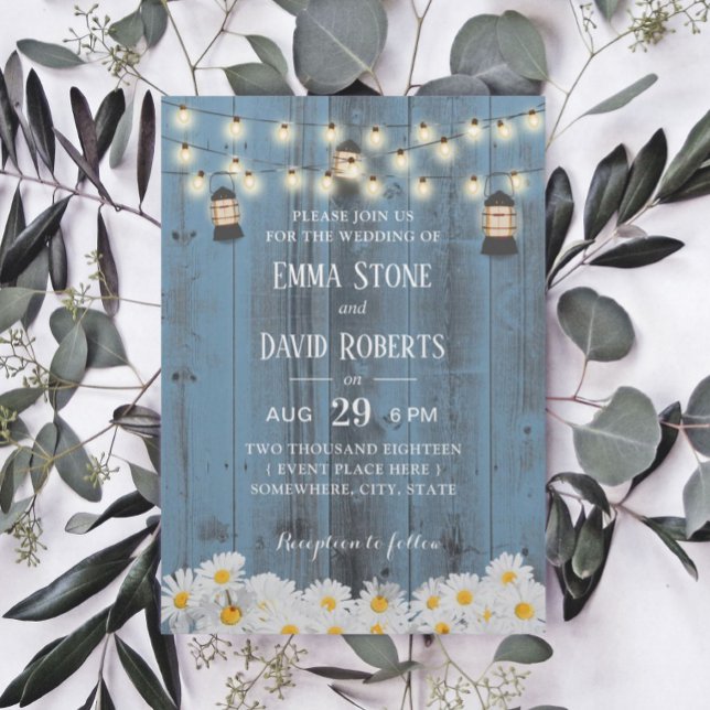 Rustic Lanterns & Daisy Flowers Dusty Blue Wedding Invitation (Creator Uploaded)