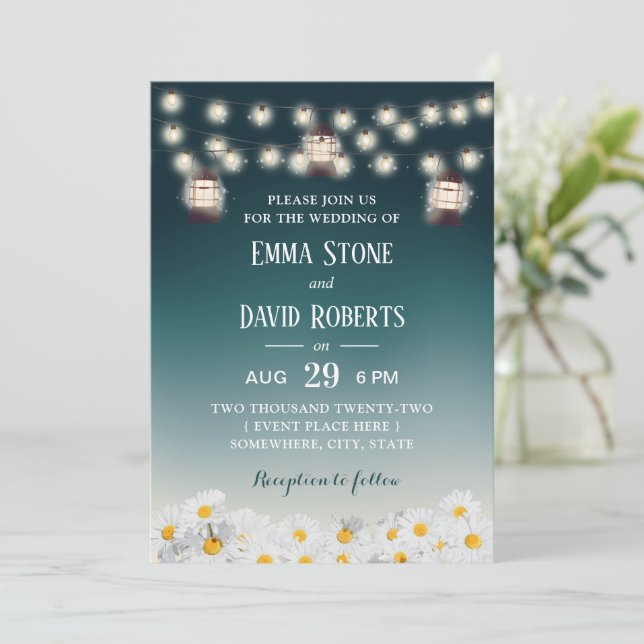 Rustic Lanterns & Daisy Flowers Teal Ombre Wedding Invitation (Standing Front)