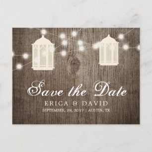 Rustic Lanterns & Lights Barn Wood Save the Date Announcement Postcard