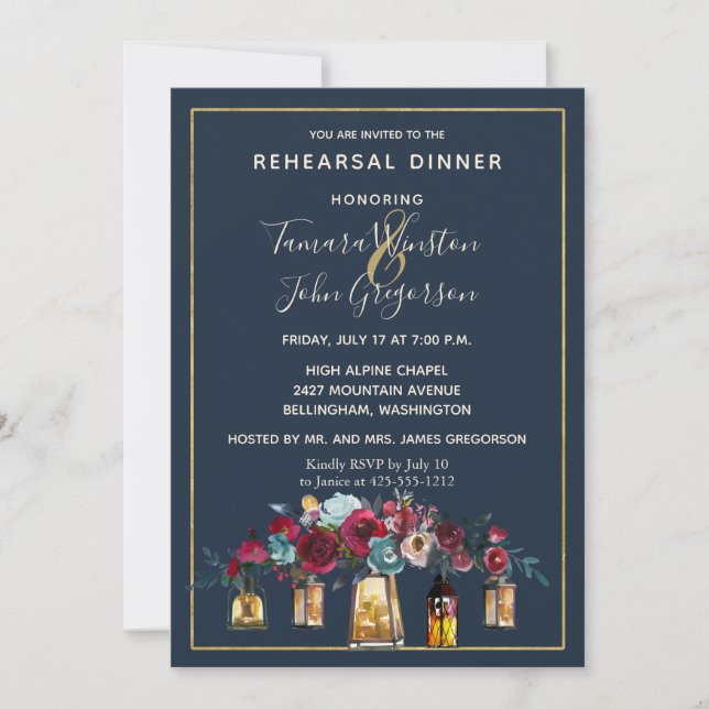 Rustic Lanterns Navy Burgundy Rehearsal Dinner Invitation (Front)