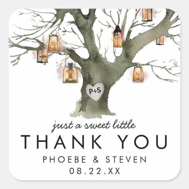 Rustic Lanterns Oak Tree Sweet Wedding Favour Square Sticker (Front)