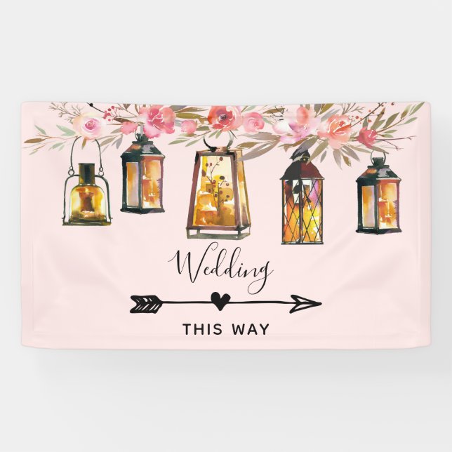 Rustic  Lanterns Rose Gold Wedding Directional Banner (Horizontal)
