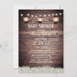 Rustic Lanterns & String Lights Floral Baby Shower Invitation