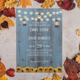 Rustic Lanterns & Sunflowers Dusty Blue Wedding Invitation