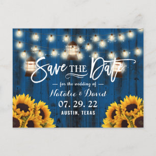 Rustic Lanterns & Sunflowers Navy Save the Date Announcement Postcard