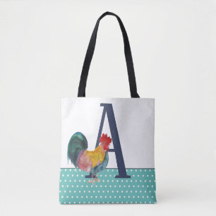 Rustic Large Monogram Rooster Teal Polka Dots Tote Bag