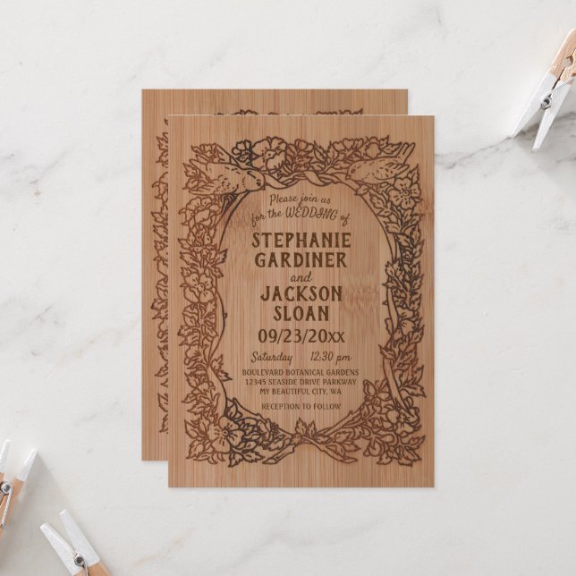 Rustic Laser Engraved Look Bird Floral Wedding Invitation (Front/Back In Situ)