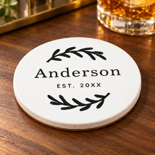 Rustic Laurel Branch Wreath Last Name Monogram Coaster