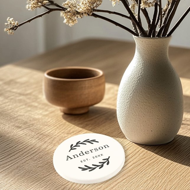 Rustic Laurel Branch Wreath Last Name Monogram Coaster (Creator Uploaded)