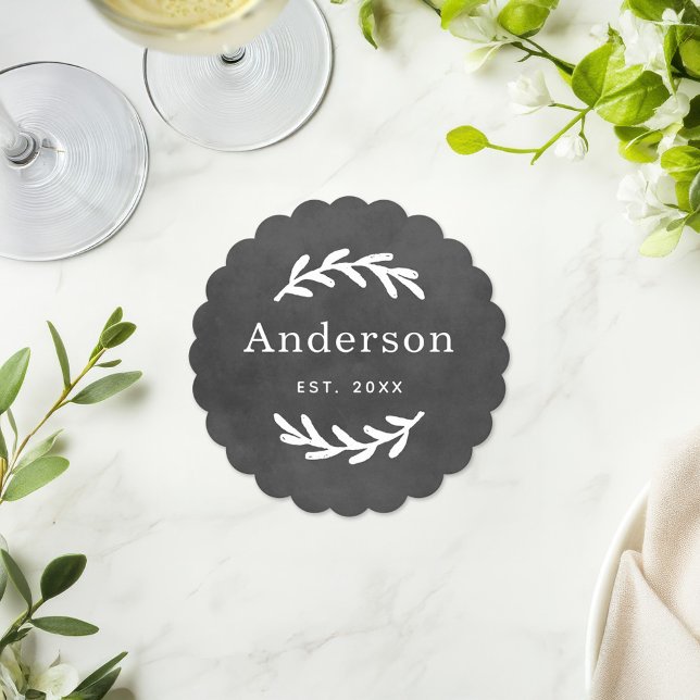 Rustic Laurel Branch Wreath Last Name Monogram Paper Coaster (Creator Uploaded)