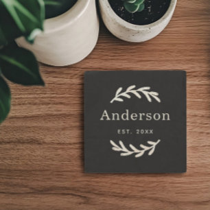 Rustic Laurel Branch Wreath Last Name Monogram Stone Coaster