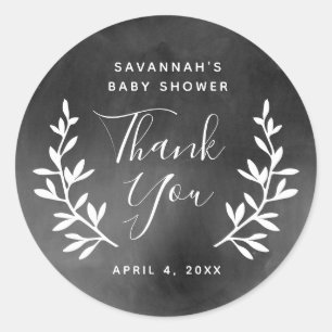 Rustic laurel chalkboard baby shower thank you classic round sticker
