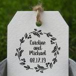 Rustic Laurel Country Wreath | Wedding Rubber Stamp<br><div class="desc">A perfect addition to use for your Wedding whether it's for your Save the Date Envelopes, Bridal Shower or wedding day favour bags or tags. Hand drawing of a laurels, leaves, flowers and twigs with a country rustic look. Customise the bride and groom's name with the date. For enquiries about...</div>