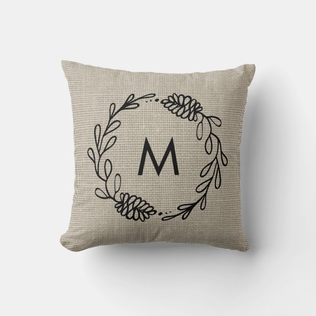 Rustic Laurel Farmhouse Pinecone Monogrammed Cushion (Front)