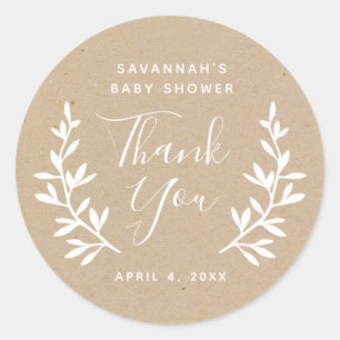 Rustic laurel Kraft baby shower thank you Classic Round Sticker