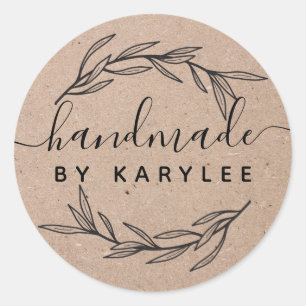 Rustic Laurel Leaf Handmade Script Classic Round Sticker