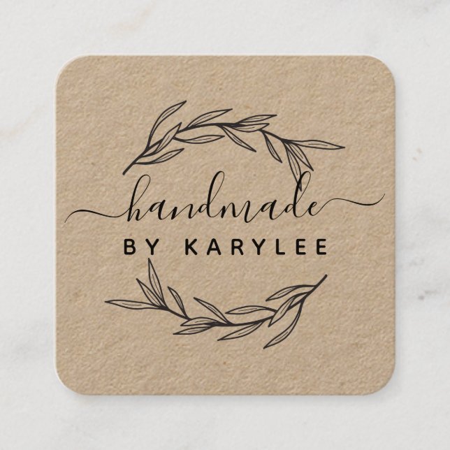 Rustic Laurel Leaf Handmade Script Square Business Card (Front)