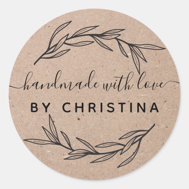 Rustic Laurel Leaf Handmade With Love Classic Round Sticker (Front)