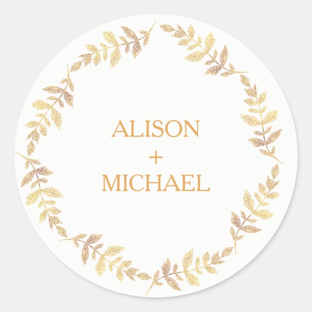 Rustic laurel leaves wreath wedding classic round sticker (Front)