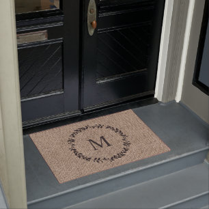 Rustic Laurel Wreath Farmhouse Burlap Monogrammed  Doormat