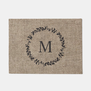 Rustic Laurel Wreath Farmhouse Burlap Monogrammed  Doormat